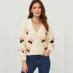 Luna Ivy Floral Embellished Cream Cardigan Sweater